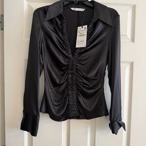Zara Black Satin Ruched Blouse